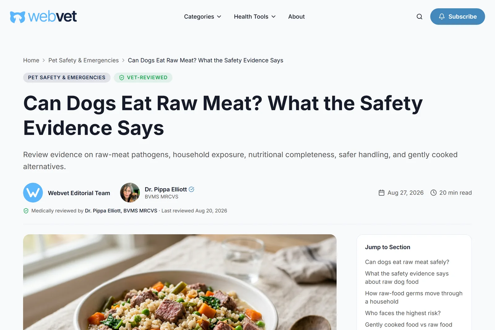WebVet's vet-reviewed Can Dogs Eat Raw Meat article, sponsored by JustFoodForDogs